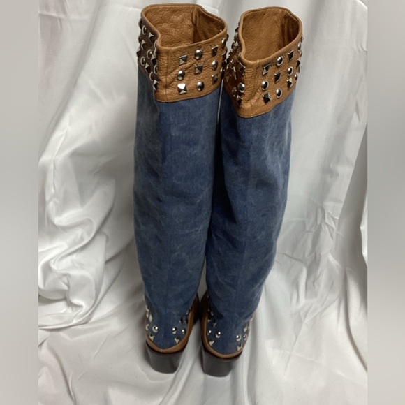 Stuart Weitzman Studded Denim & Leather Boots - Size 7M - Picture 7 of 13